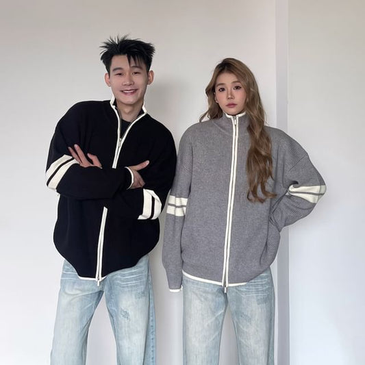 Couple Matching Stand Collar Striped Zip Oversized Cardigan
