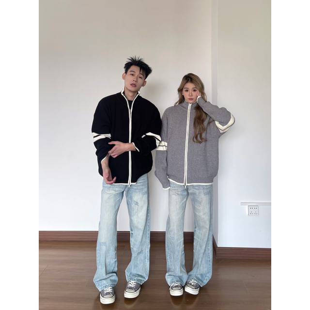 Couple Matching Stand Collar Striped Zip Oversized Cardigan