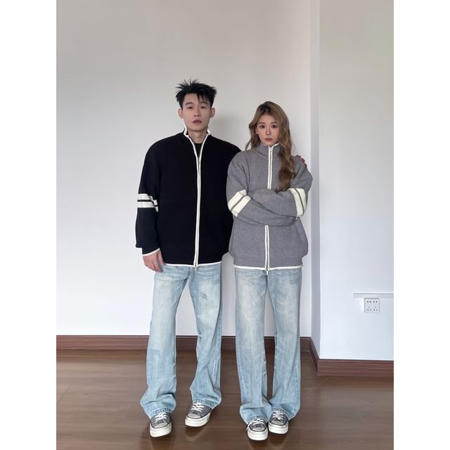 Couple Matching Stand Collar Striped Zip Oversized Cardigan