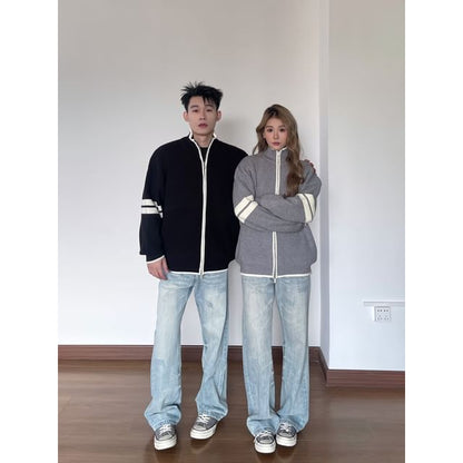 Couple Matching Stand Collar Striped Zip Oversized Cardigan