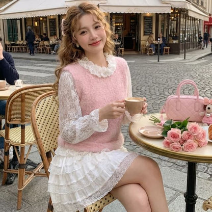 Lace Top and Fluffy Vest Set with Round Neck