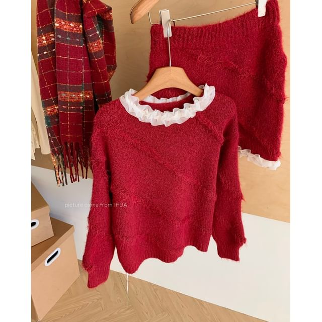 Ruffle Trim Sweater and Mini A-Line Skirt Set