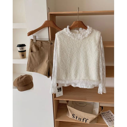 Lace Top and Fluffy Vest Set with Round Neck