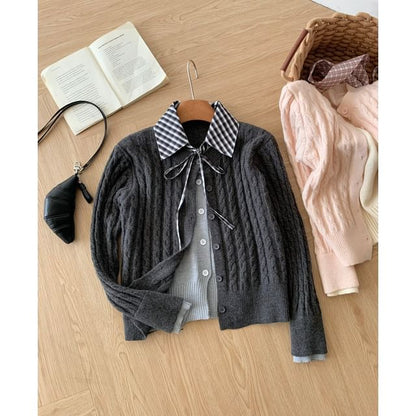 Round Neck Mock Two Piece Cable Knit Cardigan