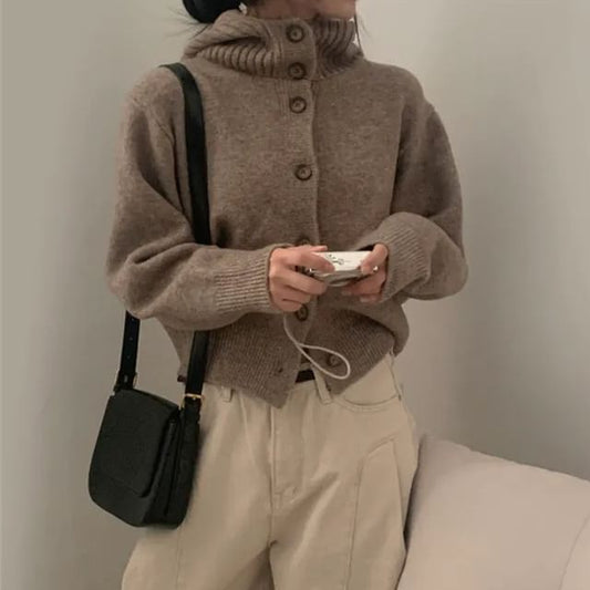 Stand Collar Plain Hood Cardigan