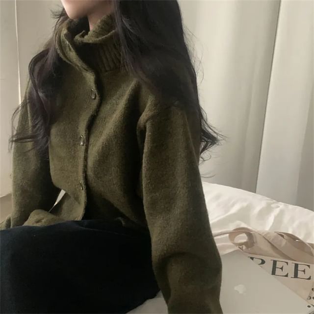 Stand Collar Plain Hood Cardigan
