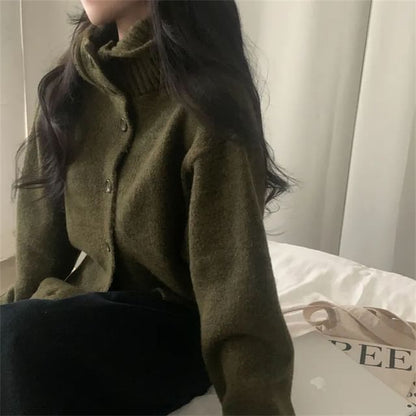 Stand Collar Plain Hood Cardigan