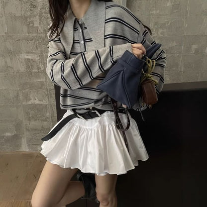 Striped Polo Collar Sweater with Pointed Neckline