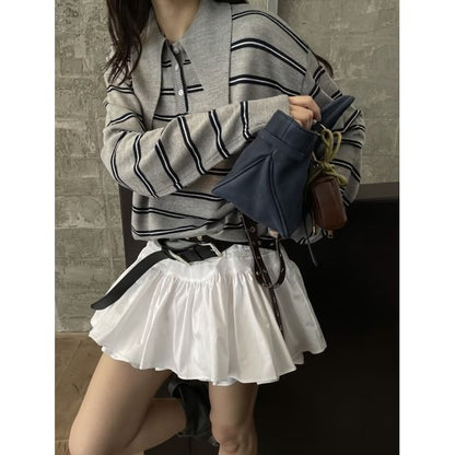 Striped Polo Collar Sweater with Pointed Neckline