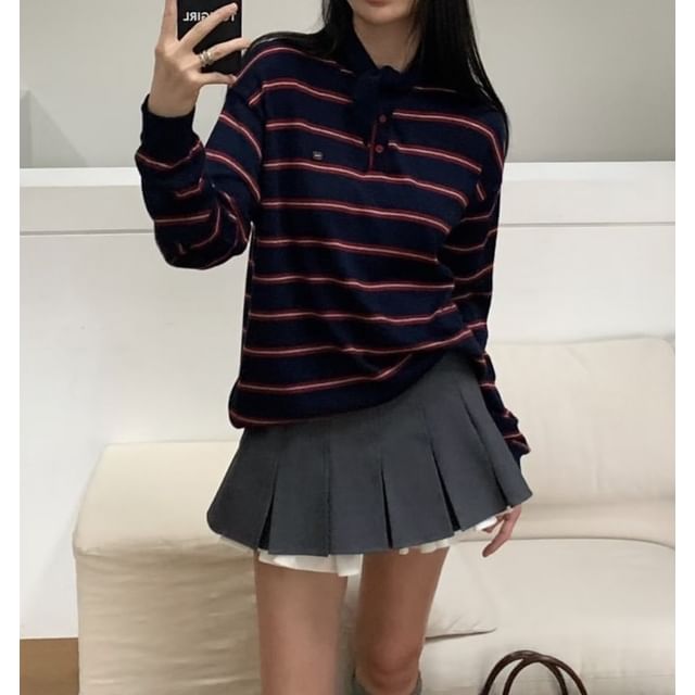 Striped Polo Collar Sweater with Pointed Neckline