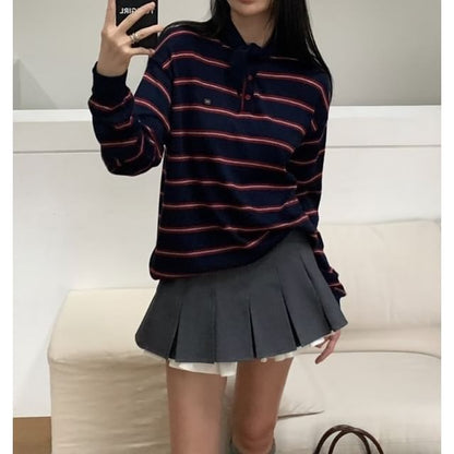 Striped Polo Collar Sweater with Pointed Neckline
