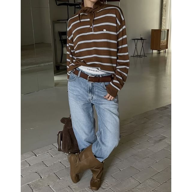 Striped Polo Collar Sweater with Pointed Neckline