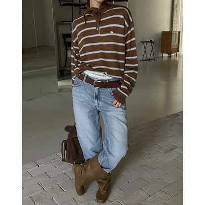 Striped Polo Collar Sweater with Pointed Neckline