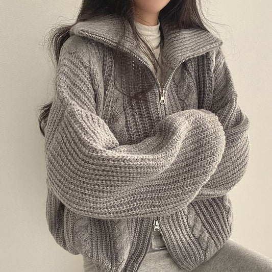 Stand Collar Plain Cable Knit Zip Cardigan