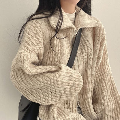 Stand Collar Plain Cable Knit Zip Cardigan