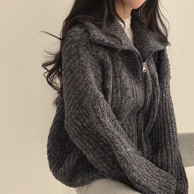 Stand Collar Plain Cable Knit Zip Cardigan