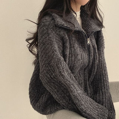 Stand Collar Plain Cable Knit Zip Cardigan