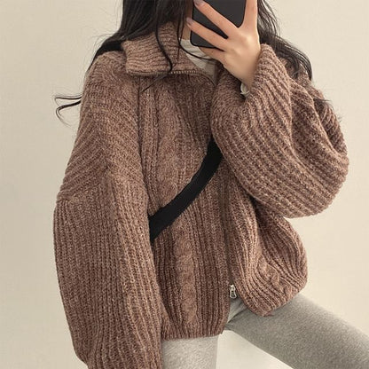 Stand Collar Plain Cable Knit Zip Cardigan