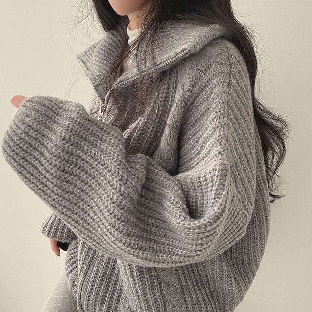 Stand Collar Plain Cable Knit Zip Cardigan