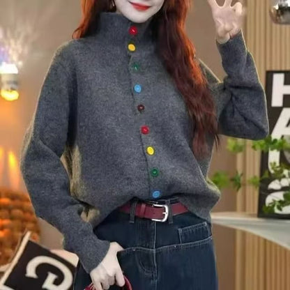 Stand Collar Button-Up Plain Cardigan