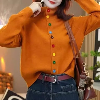 Stand Collar Button-Up Plain Cardigan