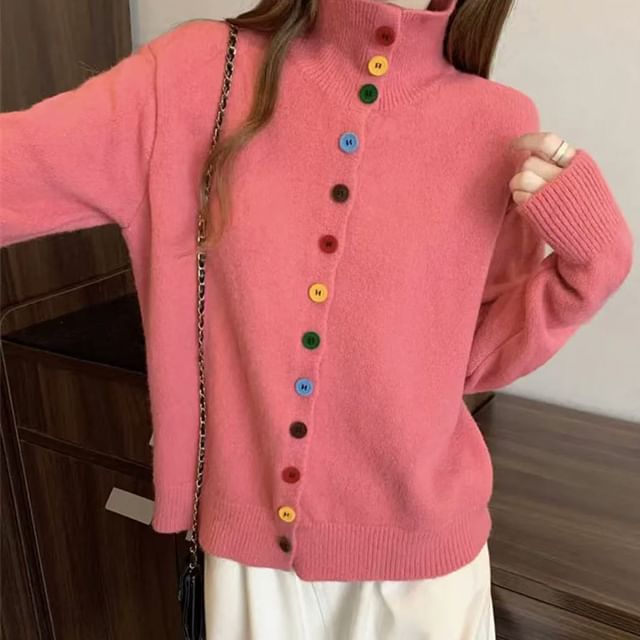 Stand Collar Button-Up Plain Cardigan
