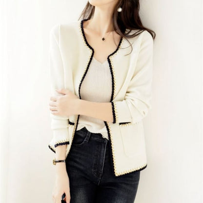 Plain Contrast Stitching Open Front Cardigan