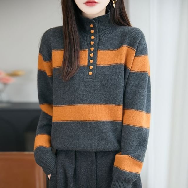Striped Henley Pullover Sweater