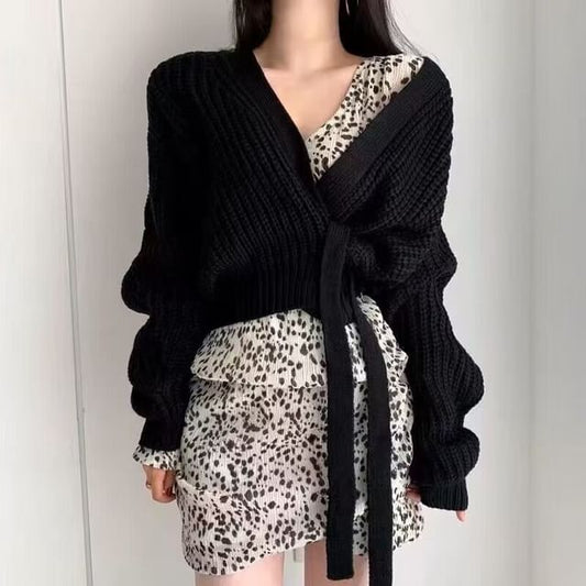 Chunky Knit Wrap V-Neck Cropped Sweater