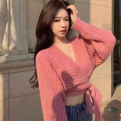 Chunky Knit Wrap V-Neck Cropped Sweater
