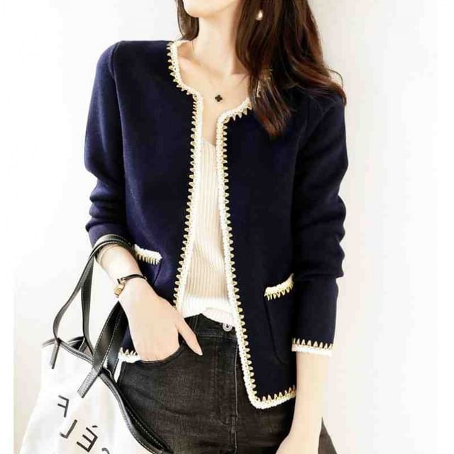 Plain Contrast Stitching Open Front Cardigan
