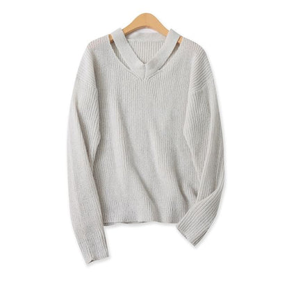 Ribbed V-Neck Solid Knit Sweater