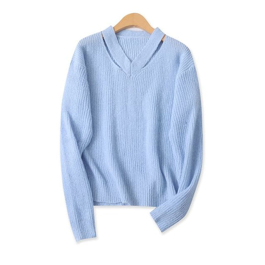 Ribbed V-Neck Solid Knit Sweater