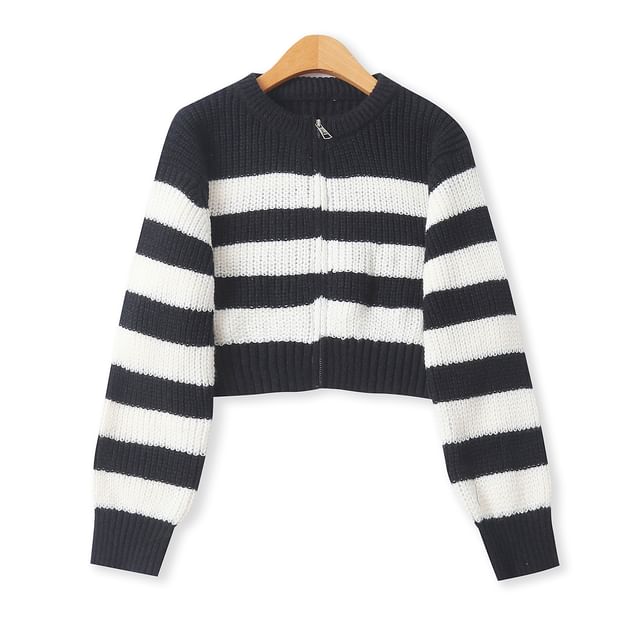 Crew Neck Striped Zip Cardigan