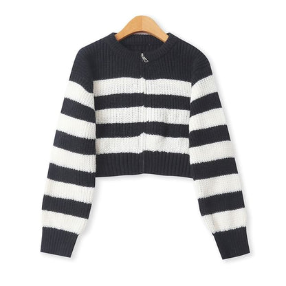 Crew Neck Striped Zip Cardigan
