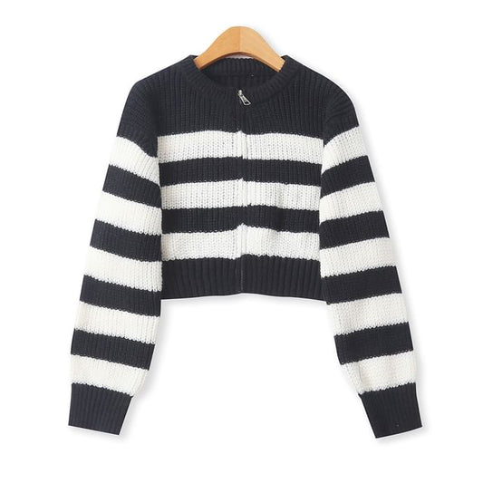 Crew Neck Striped Zip Cardigan
