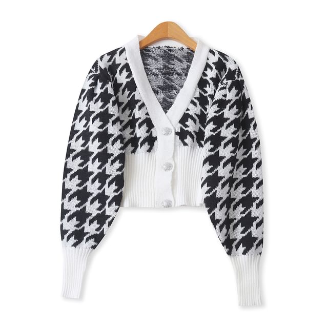 V-Neck Houndstooth Cropped Cardigan