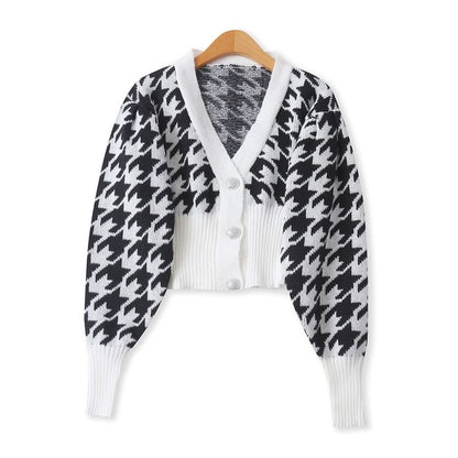 V-Neck Houndstooth Cropped Cardigan