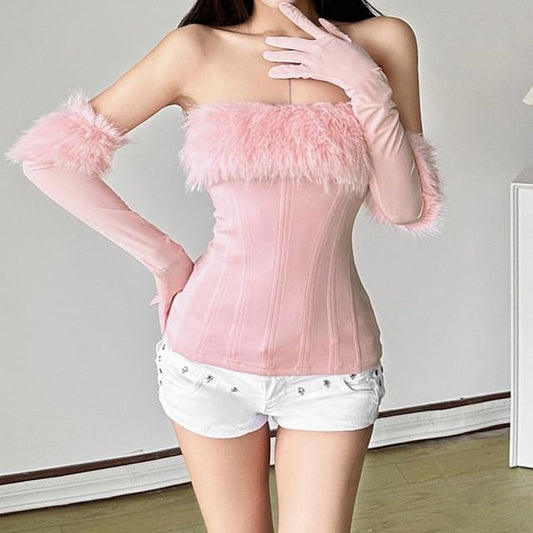 Strapless Fluffy Trim Top with Gloves