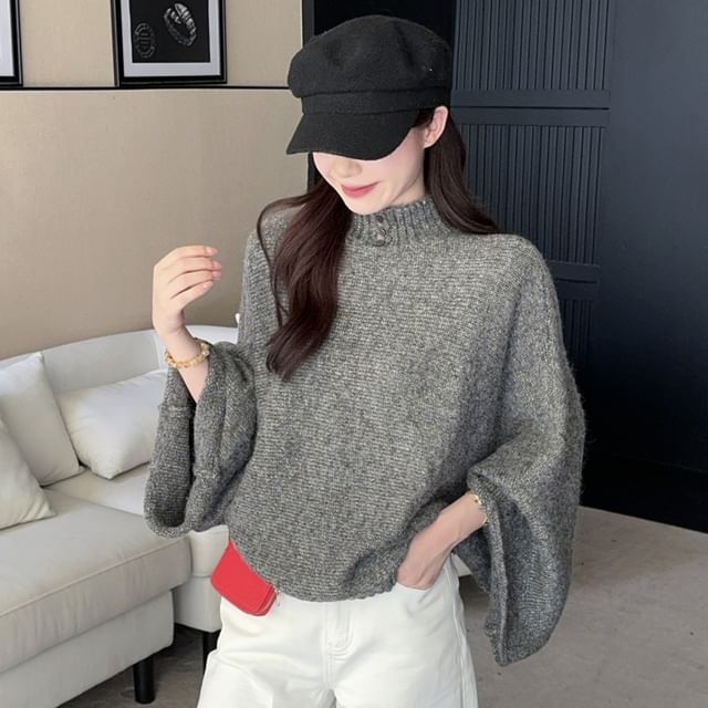 Buttoned Wide-Sleeve Mock Neck Sweater