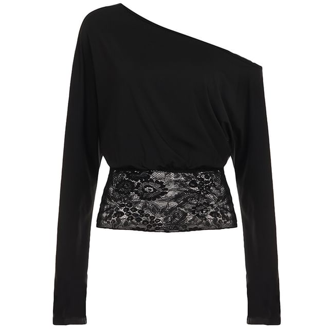 One-Shoulder Lace Panel Cropped Tee