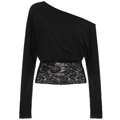 One-Shoulder Lace Panel Cropped Tee