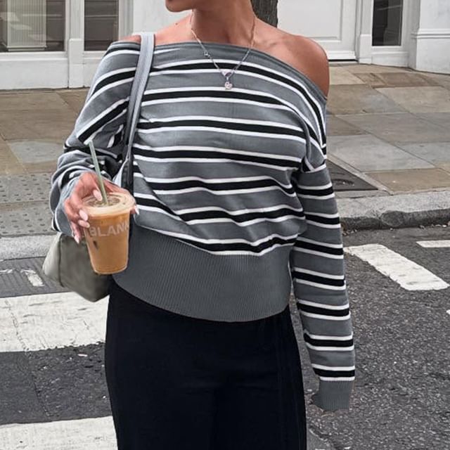 Striped Off-Shoulder Knit Pullover