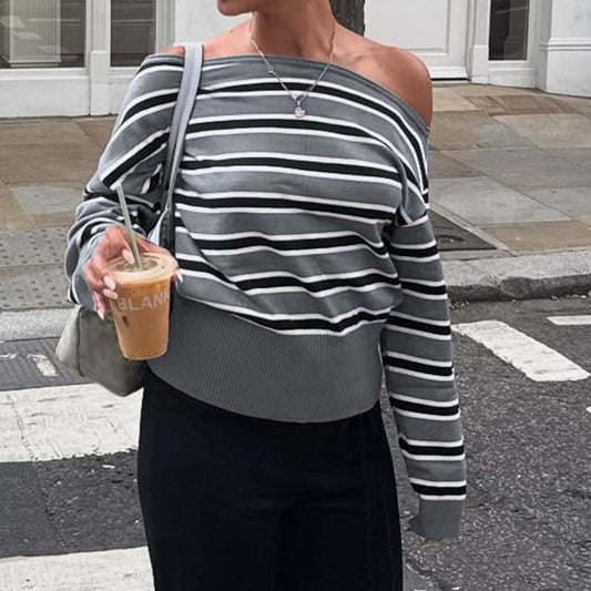 Striped Off-Shoulder Knit Pullover