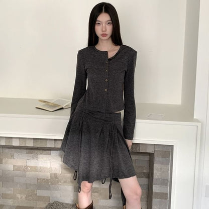 Round Neck Plain Cardigan / Mid Rise Asymmetrical Mini A-Line Skirt