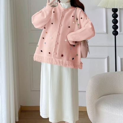 Maternity Dotted Cardigan / Long-Sleeve Plain Midi Dress