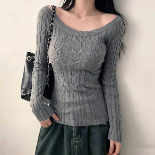 Boat-Neck Cable-Knit Slim-Fit Top