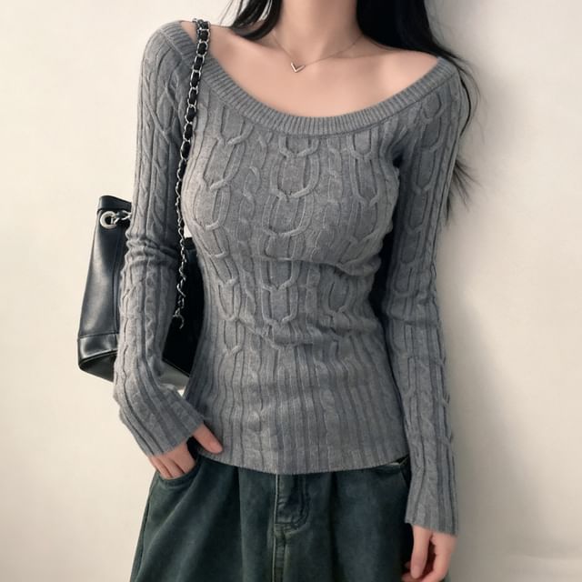 Boat-Neck Cable-Knit Slim-Fit Top