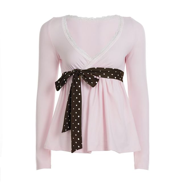 Extended Sleeve V-Neck Lace Trim Dotted Panel Tie Waist A-Line Top