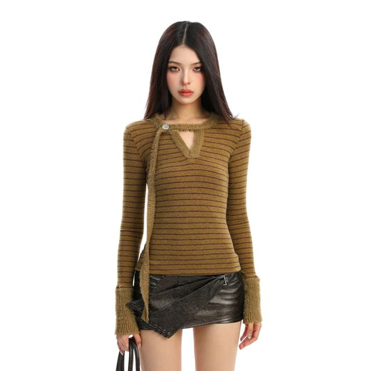 Cutout Striped Long-Sleeve Knit Top
